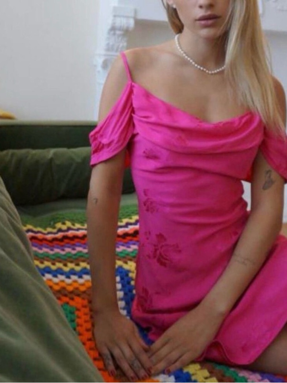 neon blonde hot pink floral off shoulder mini dress barbie core